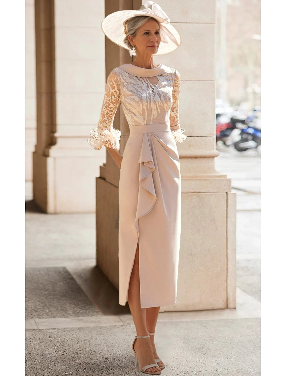 Buyishang Sheath / Column Mother of the Bride Dress Elegant Simple High Neck Tea Length Stretch Fabric 3/4 Length Sleeve with Feather Lace Pleats free custom size